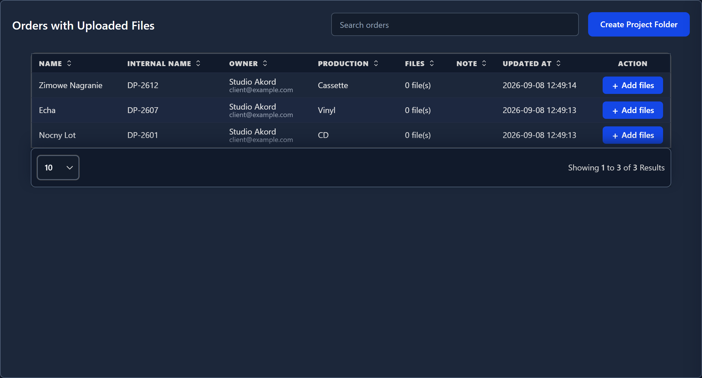 The orders list, one row per project folder