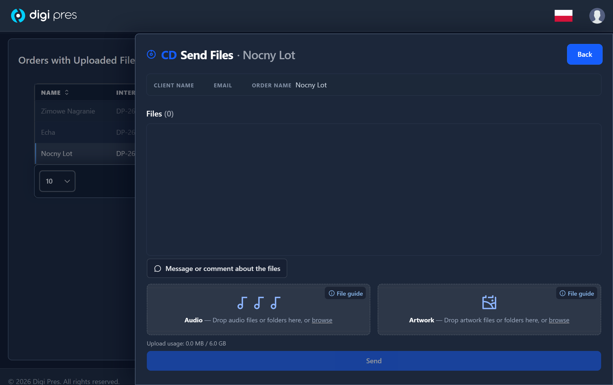 The Send Files panel with the Audio and Artwork drop zones