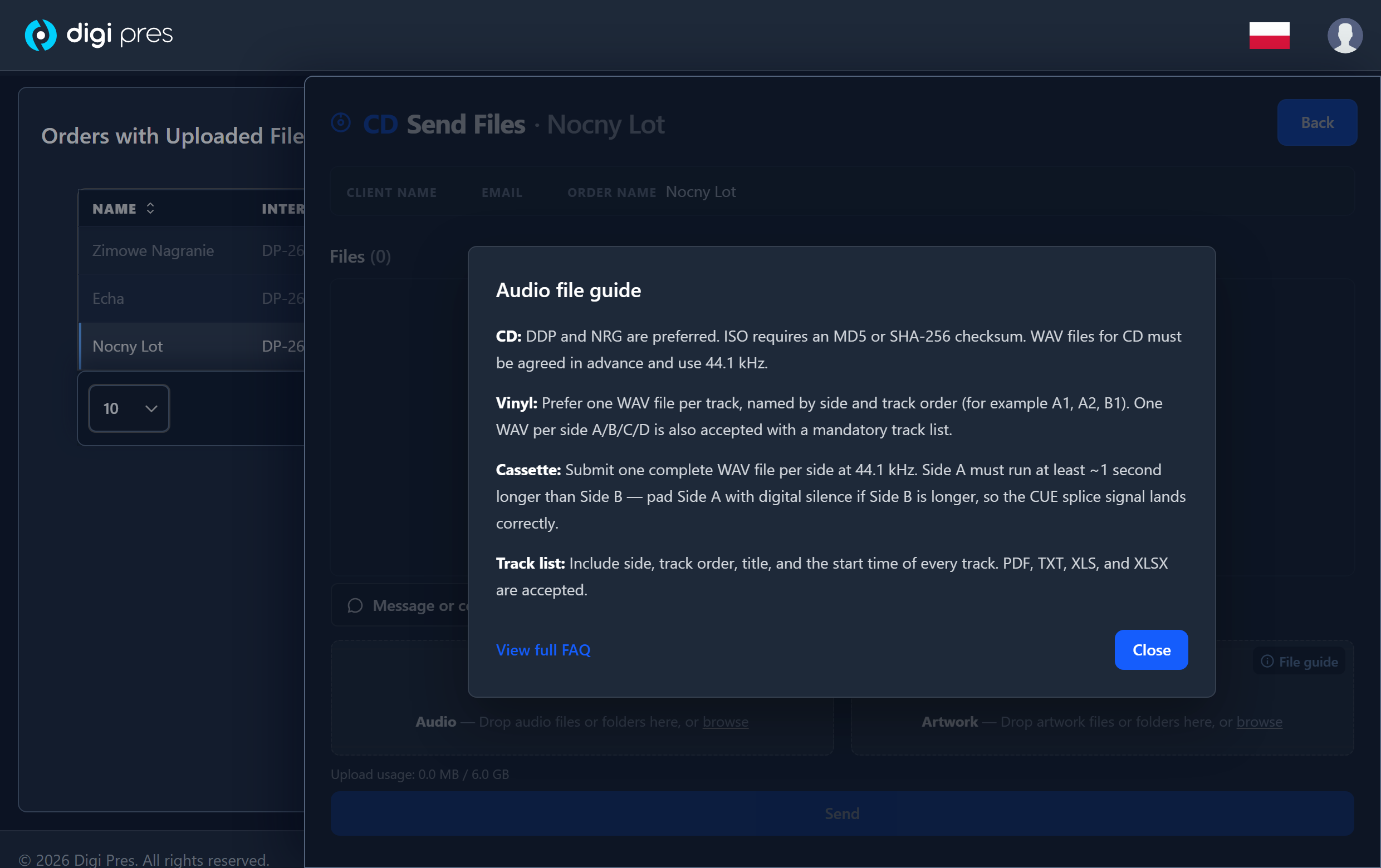 The Audio file guide dialog