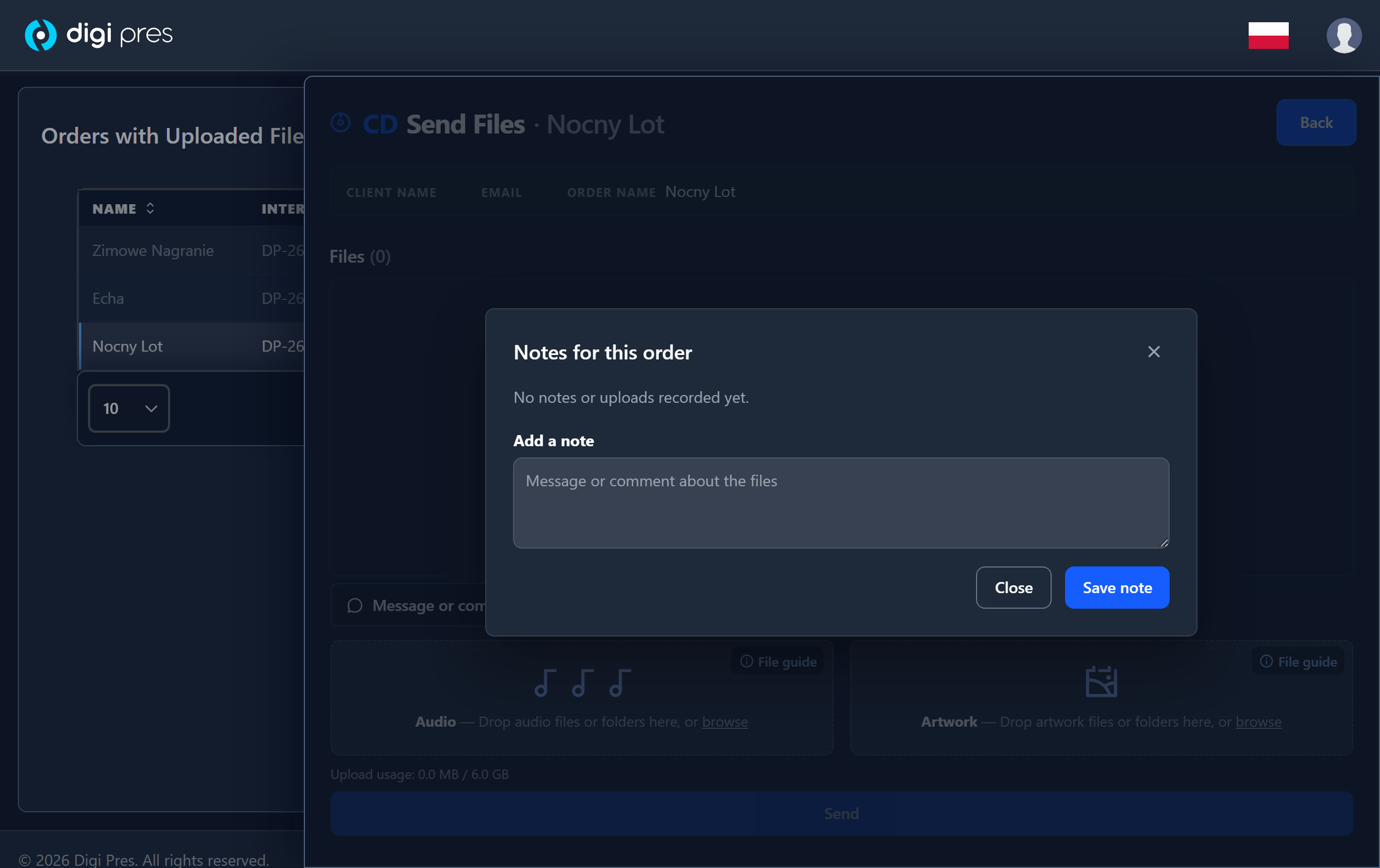The Notes for this order dialog